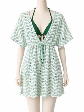 Swim Cover Bathing Suit Cover Green & White Resort Wear Beach Vacation Size L